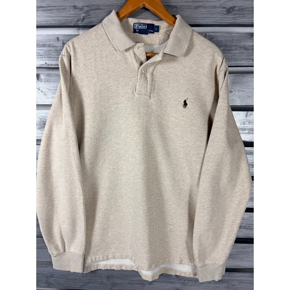 Vtg Polo Ralph Lauren Mens L Oatmeal Heather Long Sleeve Polo Sweatshirt Beige